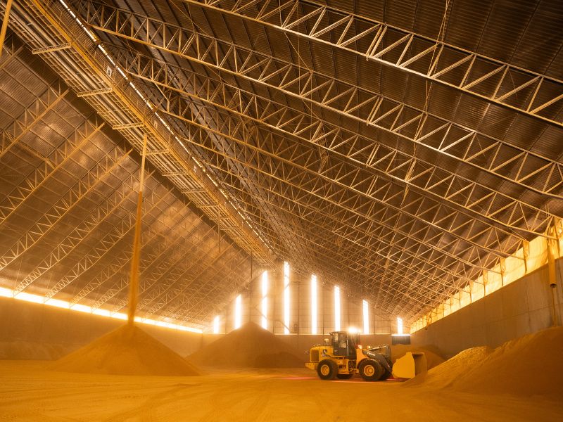 Interior galpão da INPASA (MT) com grãos de milho secos por destilação.